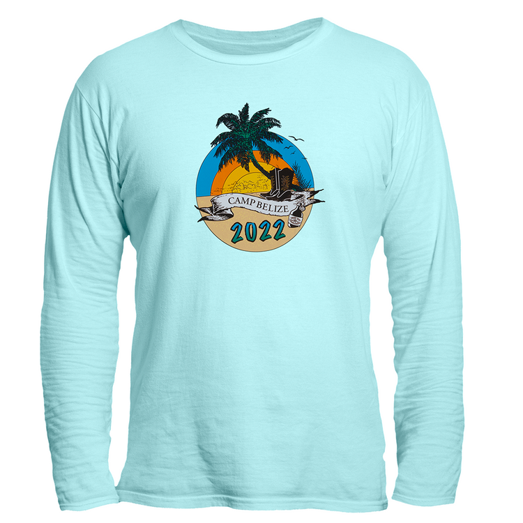 longsleeve tee-light blue-"Camp Belize 2022" sunrise in desert with palm tree and cowboy boots