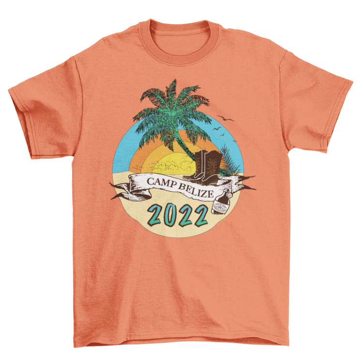 tee-orange-"Camp Belize 2022" sunrise in desert with palm tree and cowboy boots