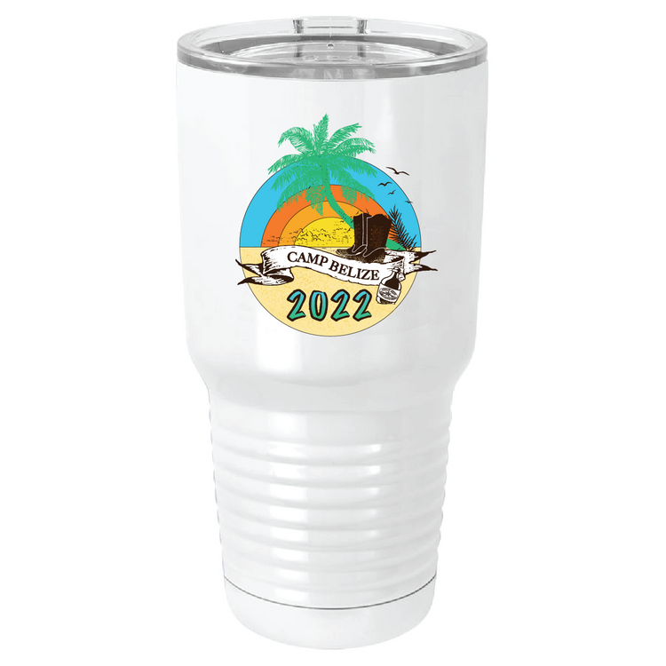 stainless steel travel mug-white-"Camp Belize 2022" sunrise in desert with palm tree and cowboy boots